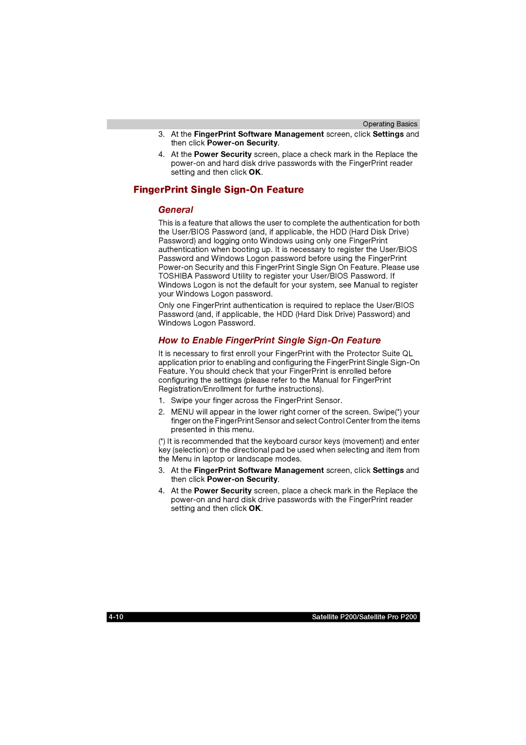 Toshiba P200 manual How to Enable FingerPrint Single Sign-On Feature 