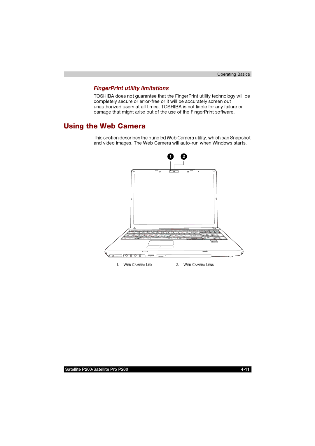 Toshiba P200 manual Using the Web Camera, FingerPrint utility limitations 