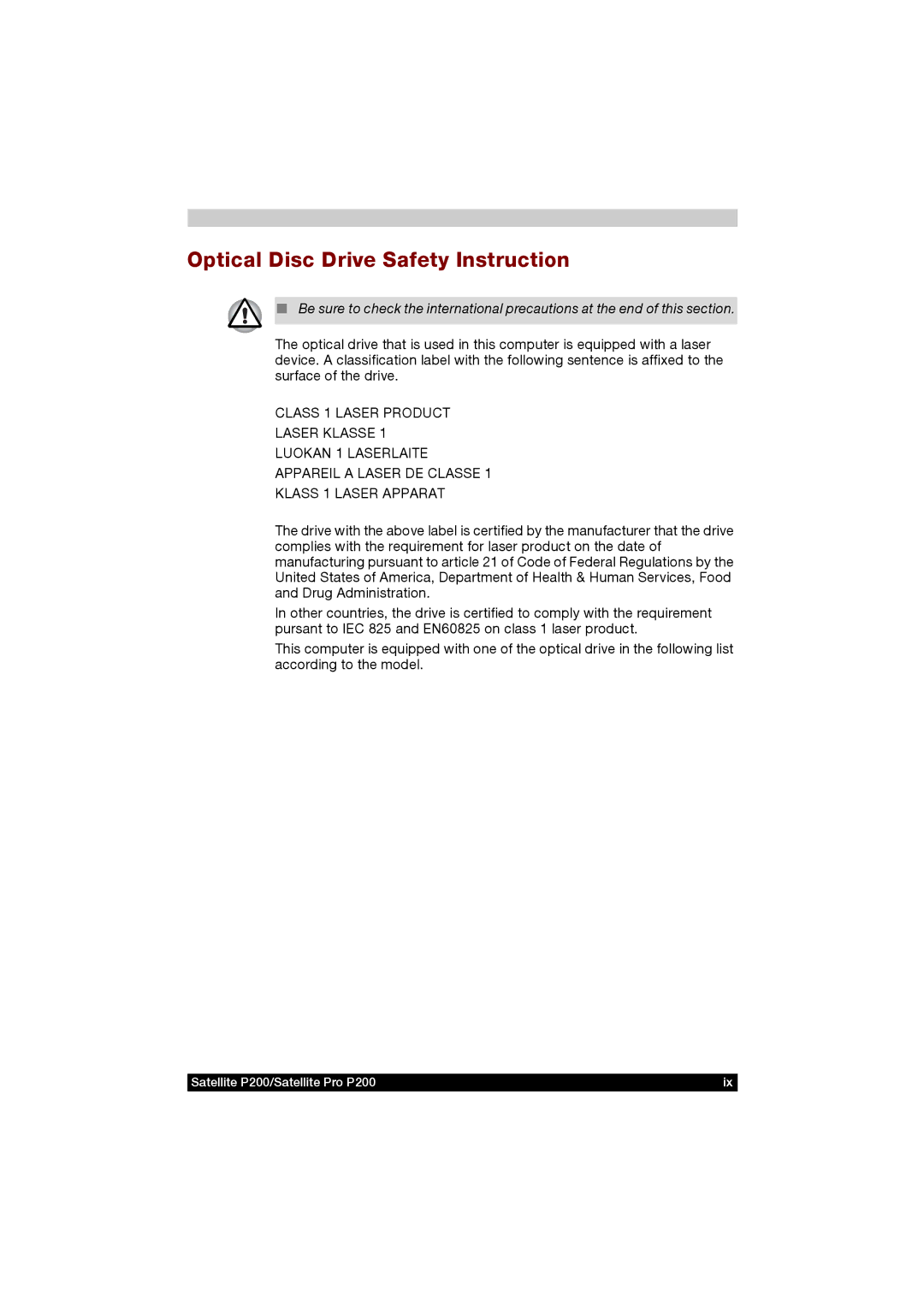 Toshiba P200 manual Optical Disc Drive Safety Instruction 