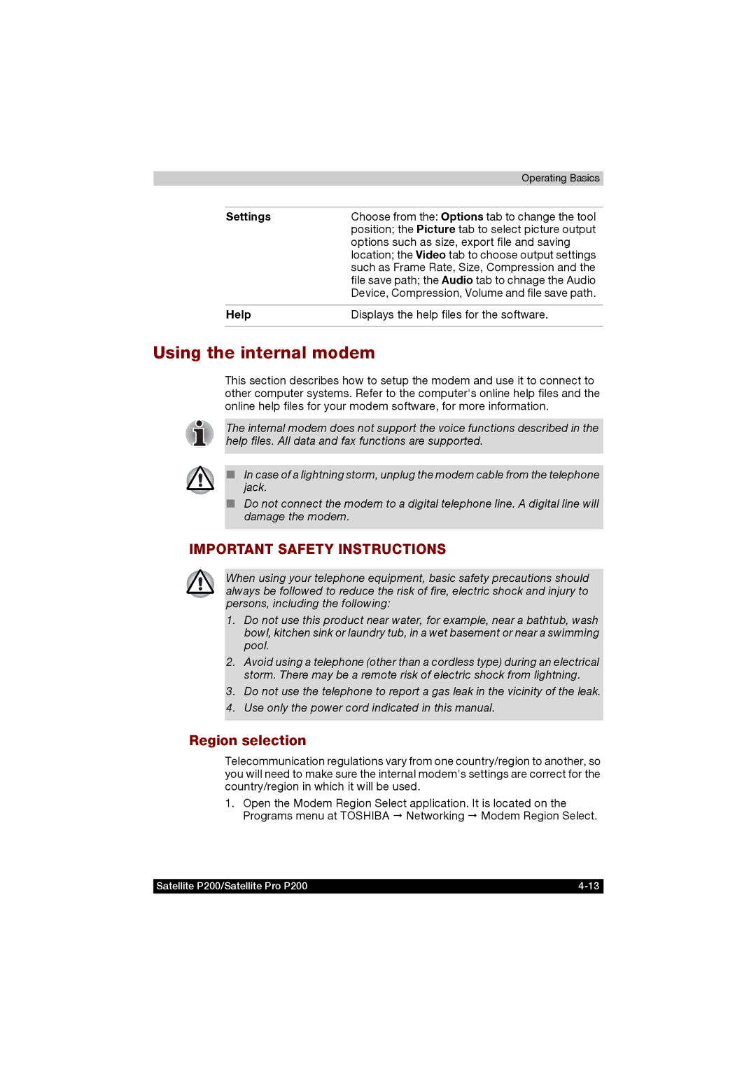 Toshiba P200 manual Using the internal modem, Region selection, Settings, Help 