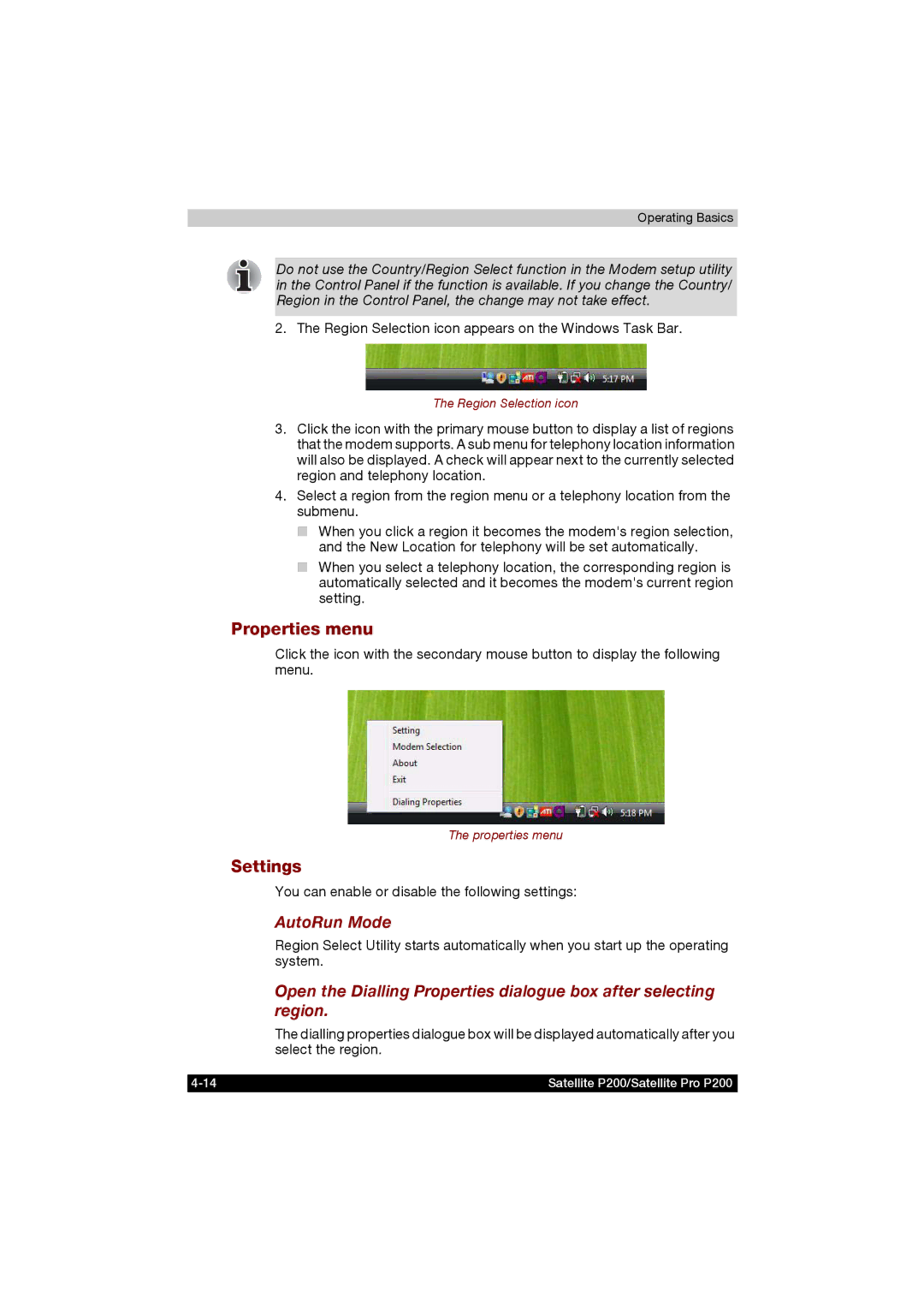 Toshiba P200 manual Properties menu, Settings, AutoRun Mode, Region Selection icon appears on the Windows Task Bar 