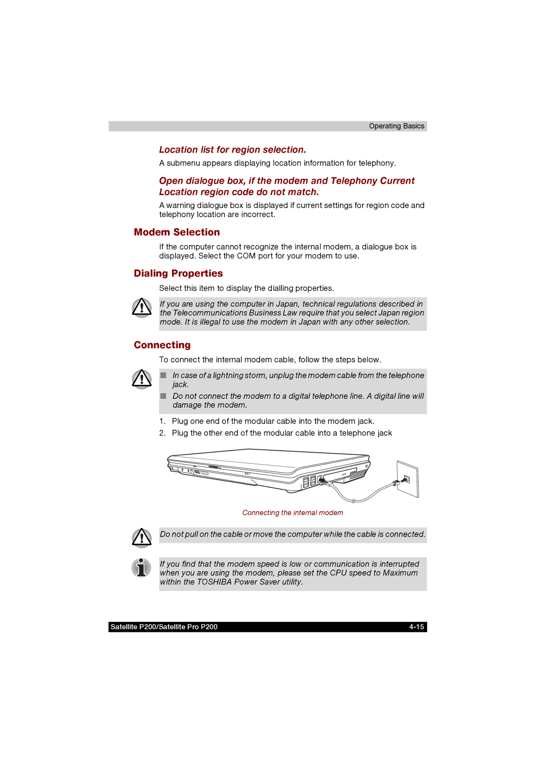 Toshiba P200 manual Modem Selection, Dialing Properties, Connecting, Location list for region selection 