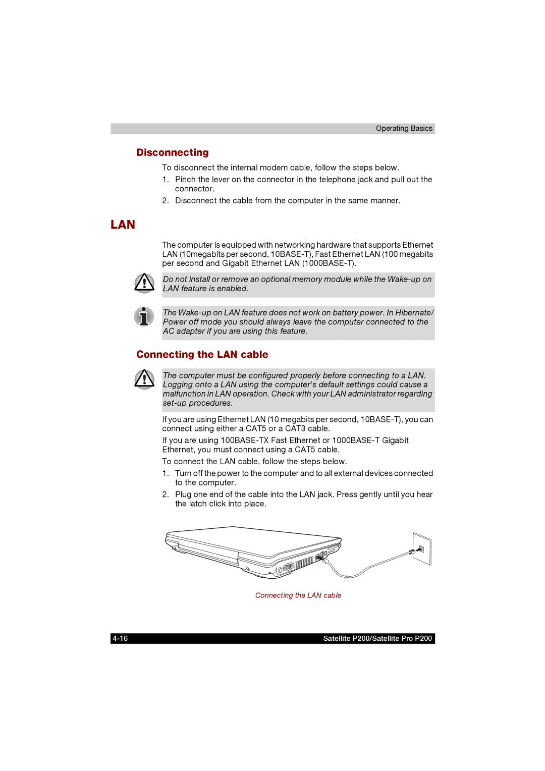 Toshiba P200 manual Disconnecting, Connecting the LAN cable 