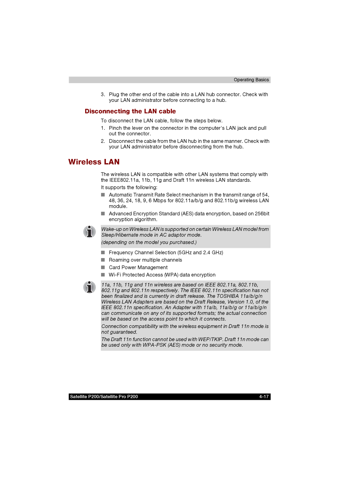 Toshiba P200 manual Wireless LAN, Disconnecting the LAN cable 