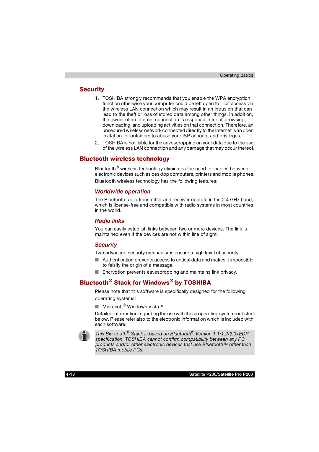 Toshiba P200 manual Security, Bluetooth wireless technology, Bluetooth Stack for Windows by Toshiba, Worldwide operation 