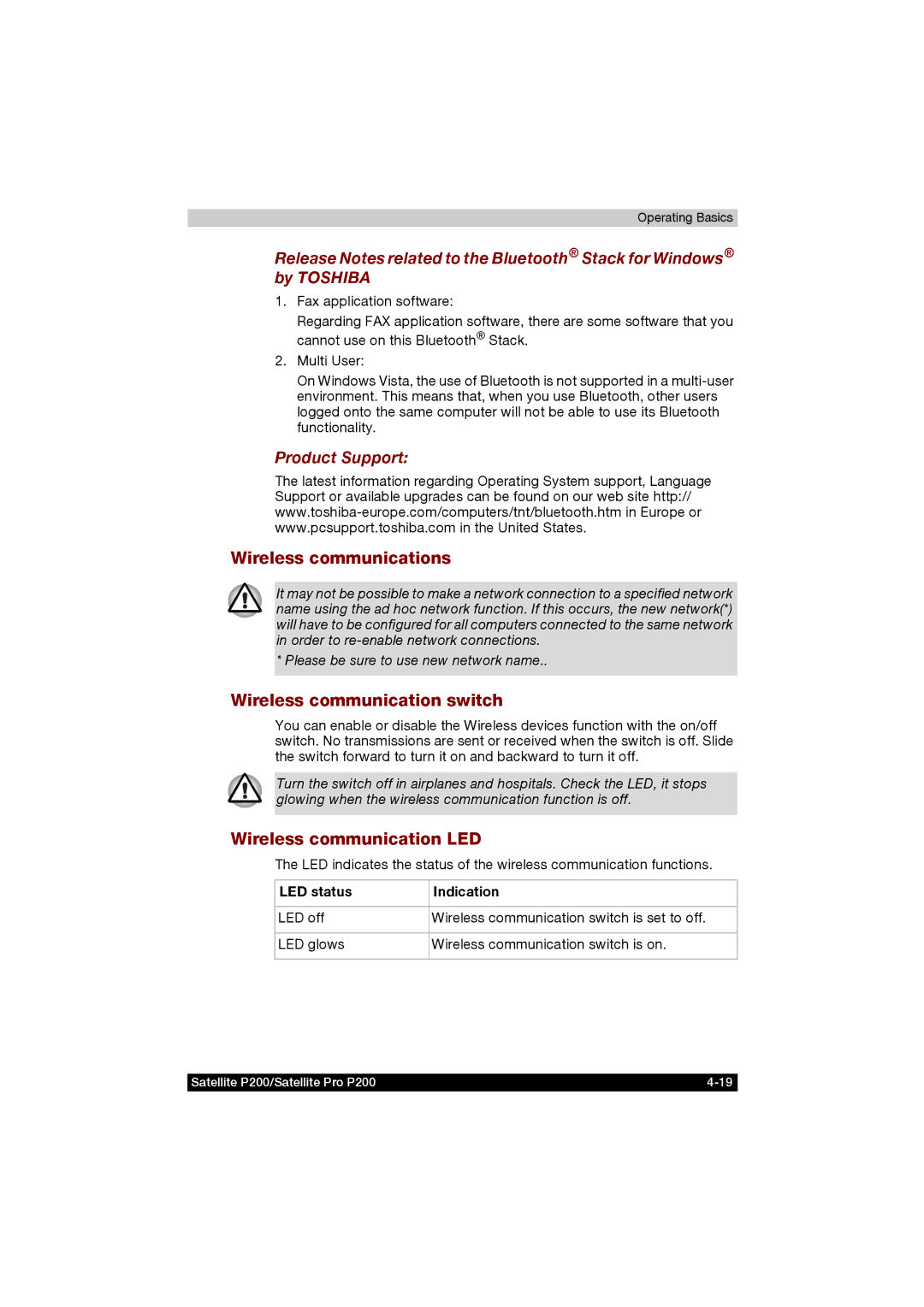 Toshiba P200 manual Wireless communications, Wireless communication switch, Wireless communication LED, Product Support 