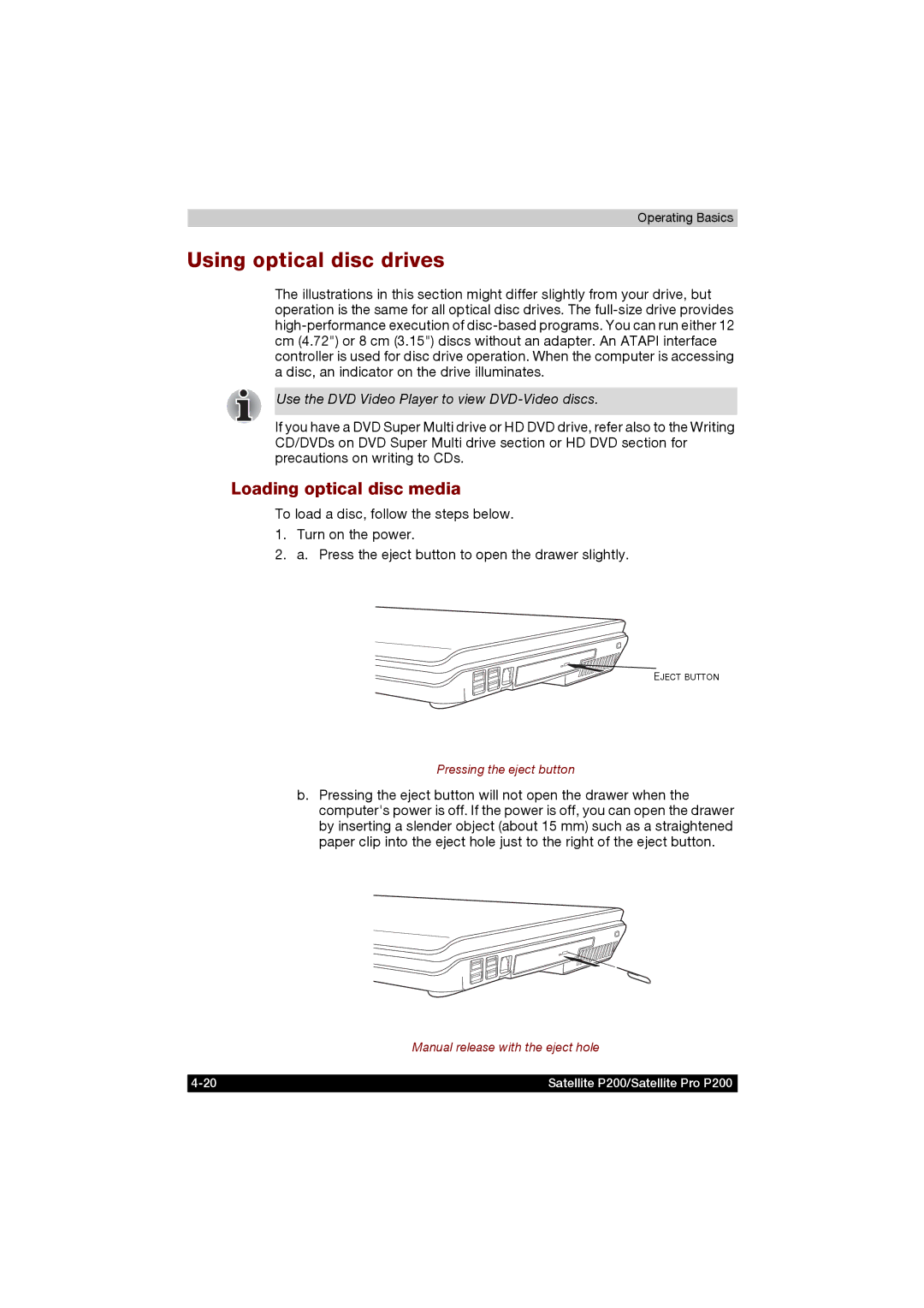 Toshiba P200 manual Using optical disc drives, Loading optical disc media 