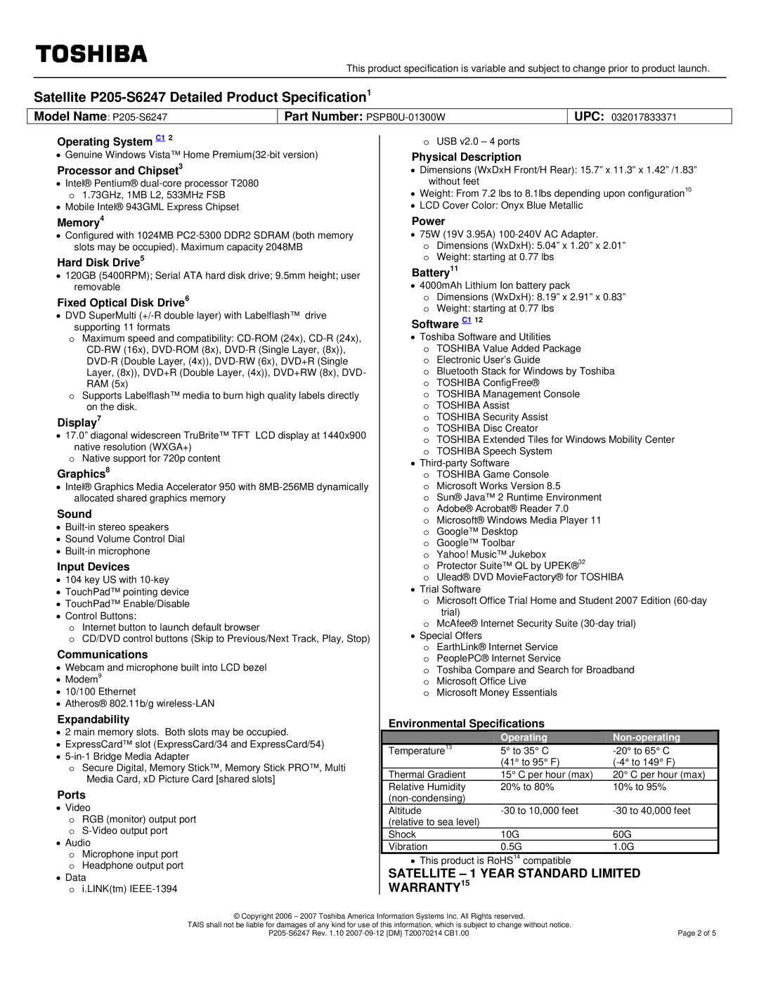 Toshiba specifications Satellite P205-S6247 Detailed Product Specification1, Part Number PSPB0U-01300W 