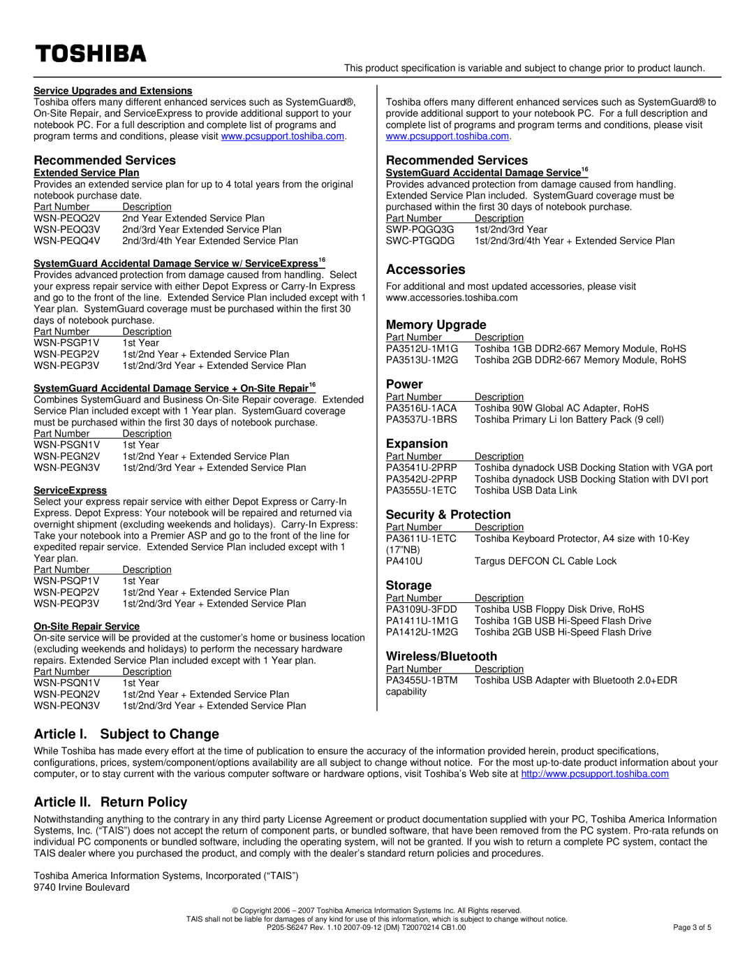 Toshiba P205-S6247 specifications Accessories, Article I. Subject to Change Article II. Return Policy 