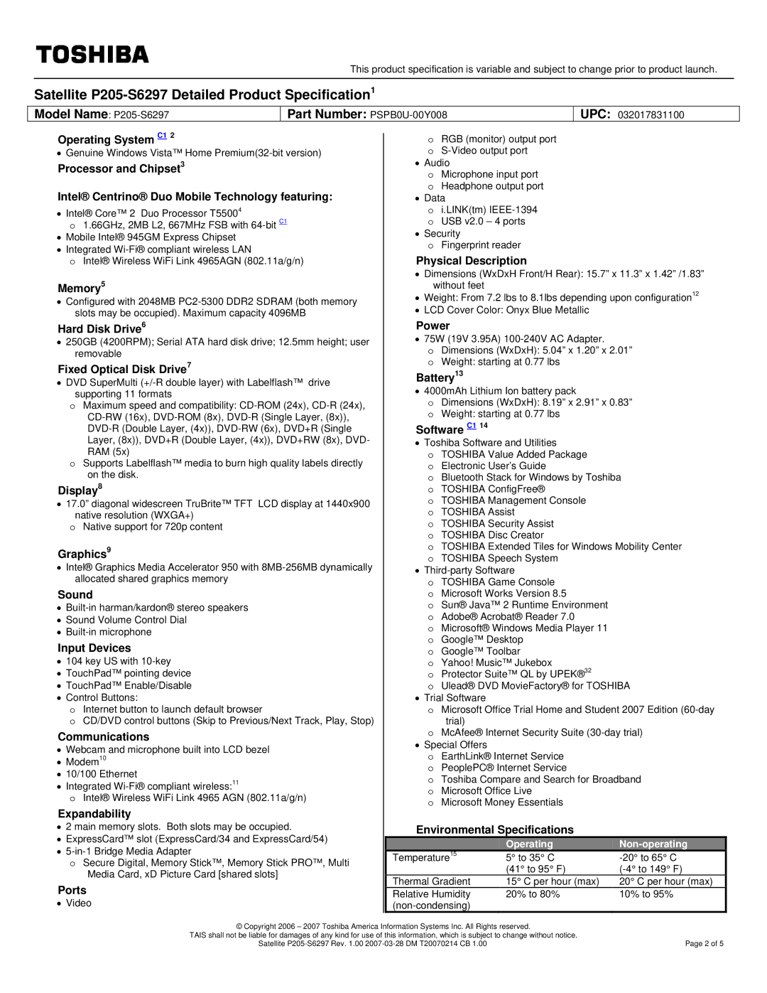 Toshiba specifications Satellite P205-S6297 Detailed Product Specification1, Part Number PSPB0U-00Y008 