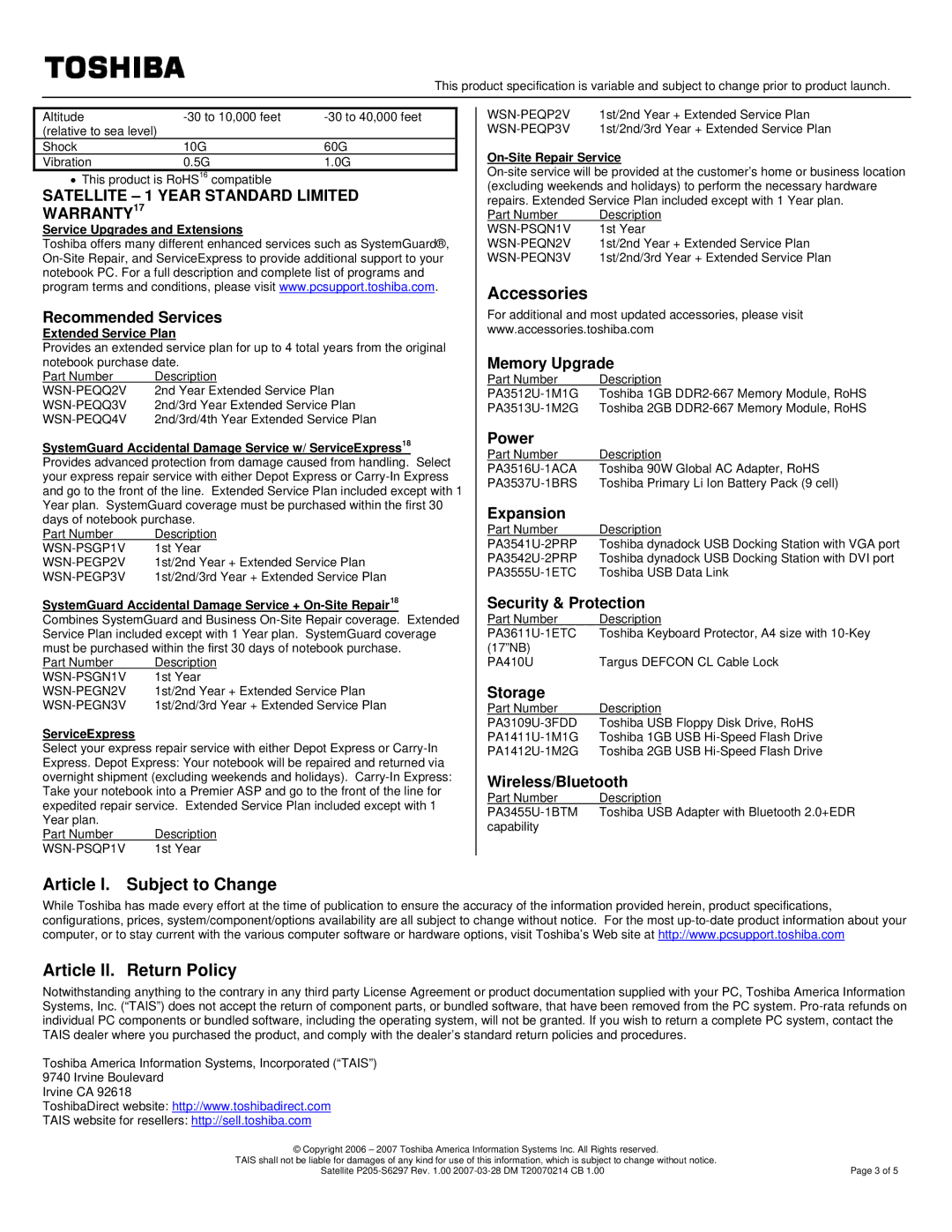 Toshiba P205-S6297 specifications Accessories, Article I. Subject to Change Article II. Return Policy 