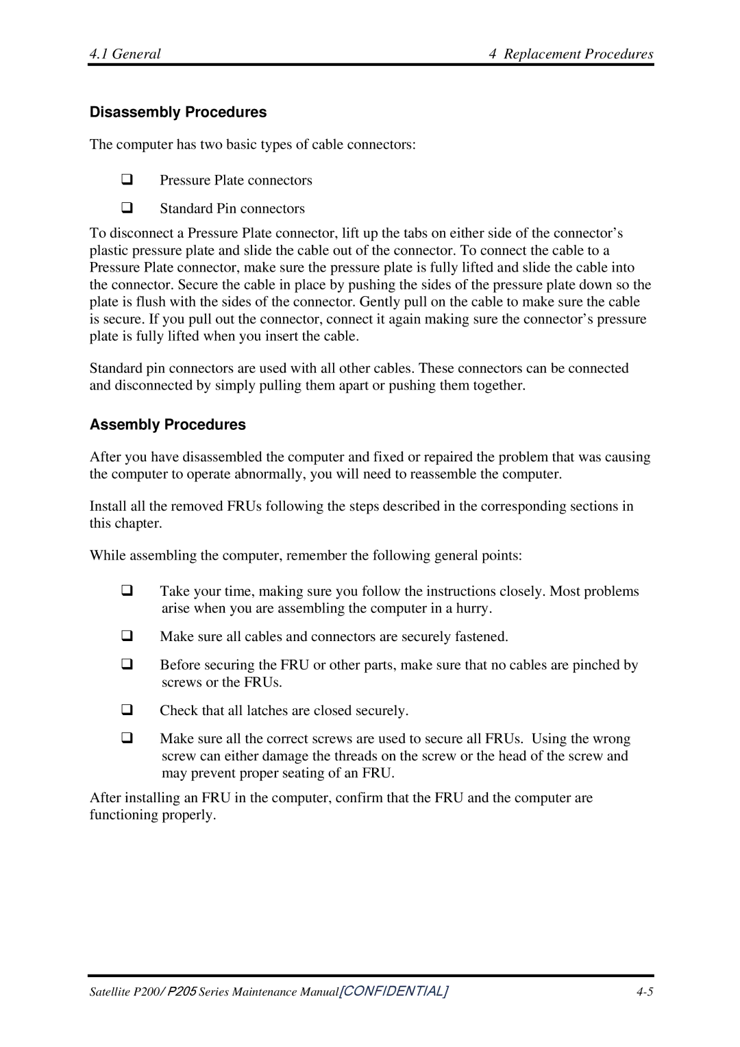 Toshiba P205 manual Disassembly Procedures, Assembly Procedures 