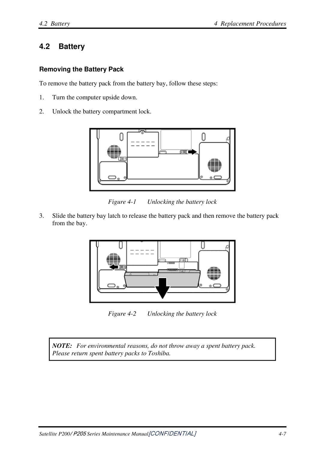 Toshiba P205 manual Battery Replacement Procedures, Removing the Battery Pack 