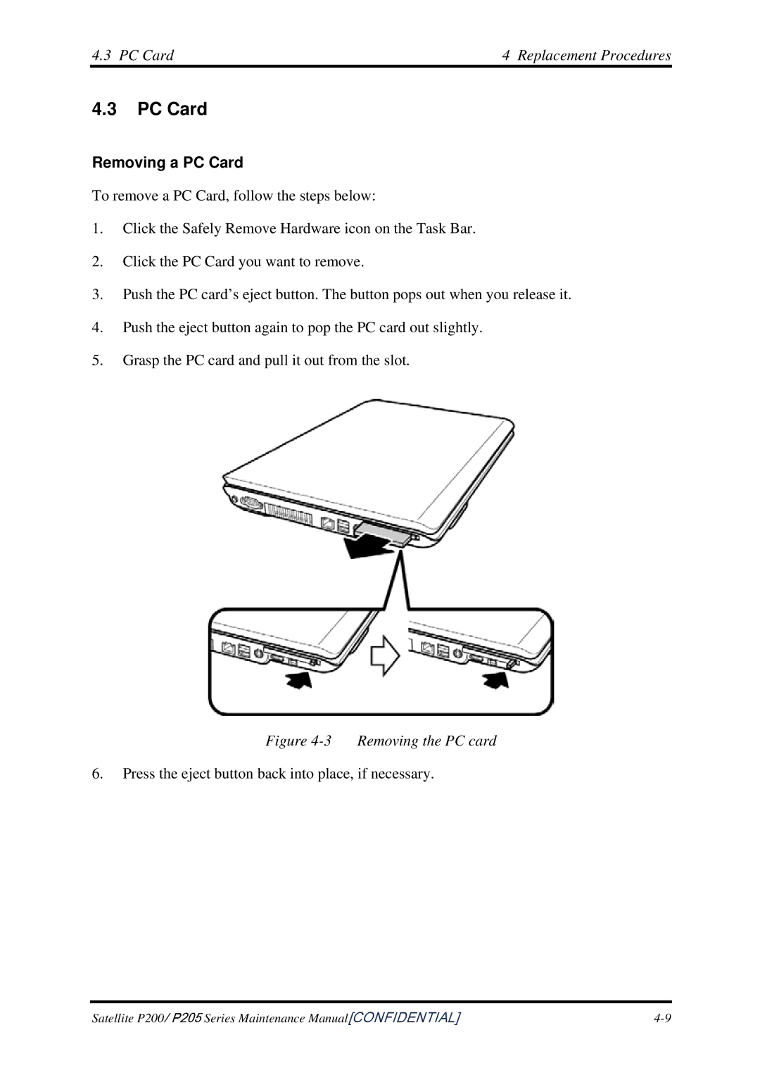 Toshiba P205 manual PC Card Replacement Procedures, Removing a PC Card 