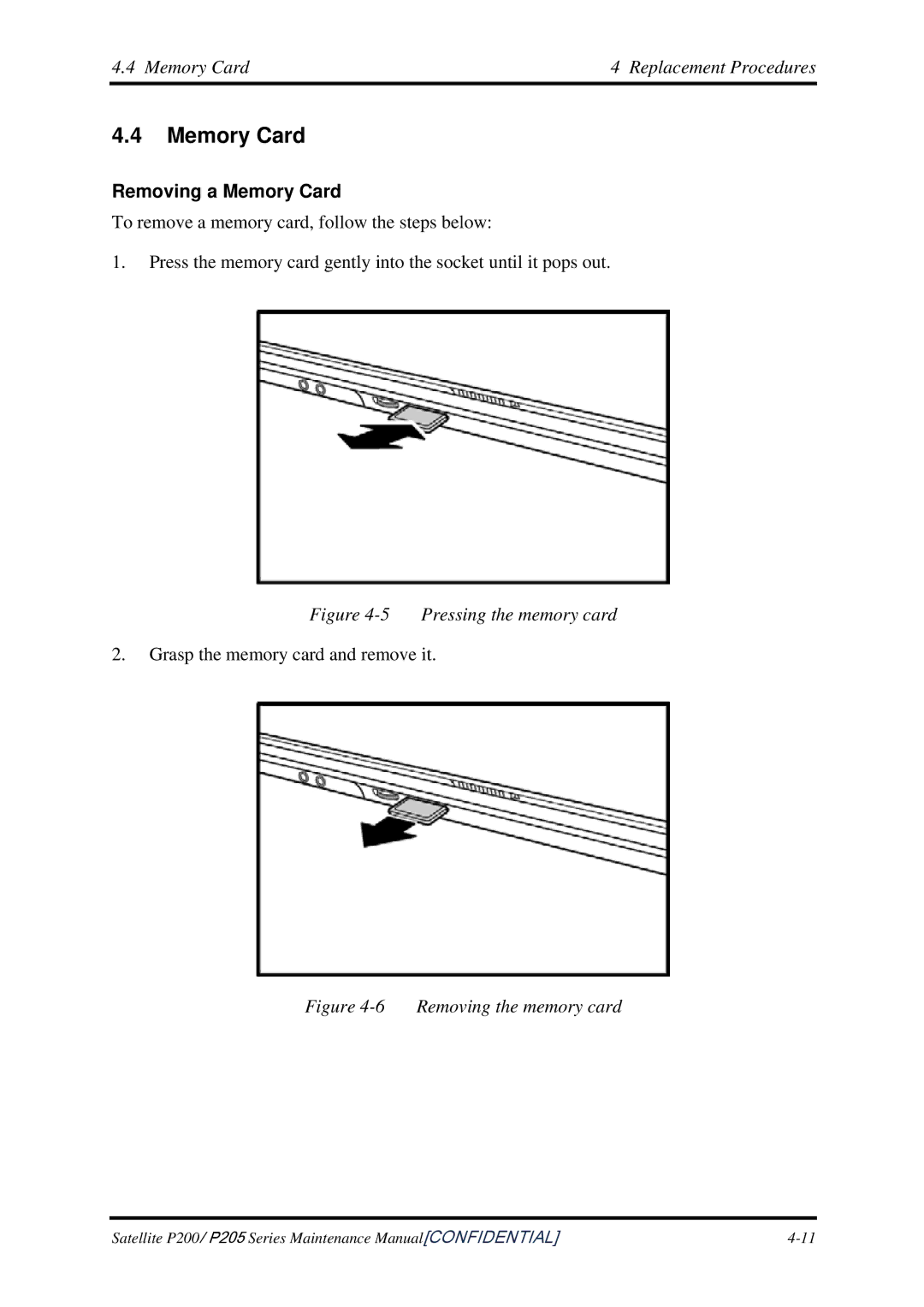 Toshiba P205 manual Memory Card Replacement Procedures, Removing a Memory Card 