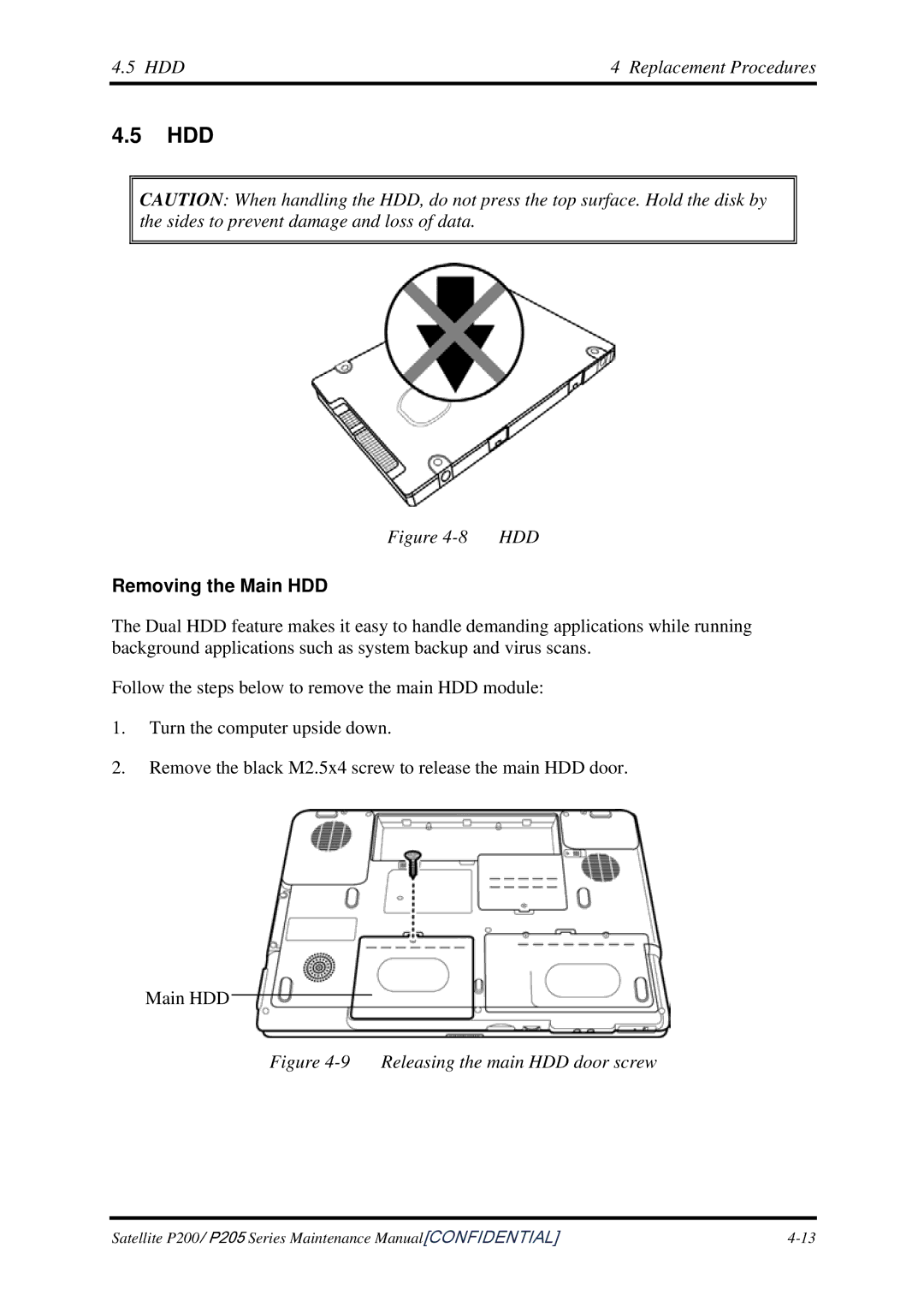 Toshiba P205 manual Hdd, HDD Replacement Procedures, Removing the Main HDD 