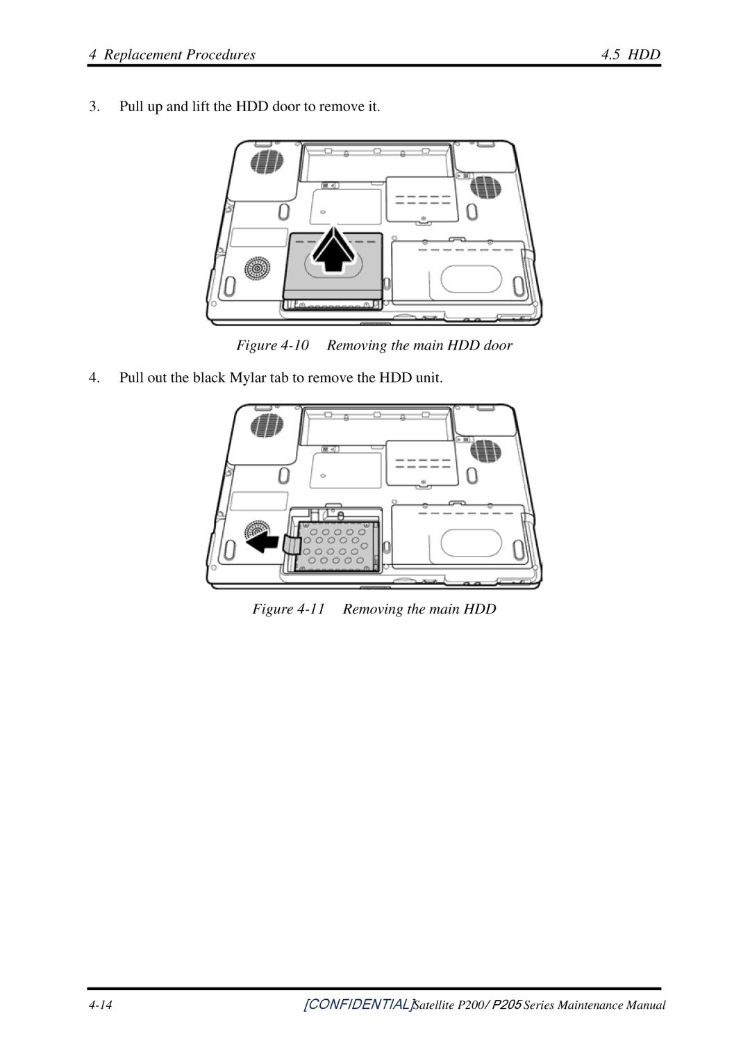 Toshiba P205 manual Replacement Procedures HDD, Removing the main HDD door 