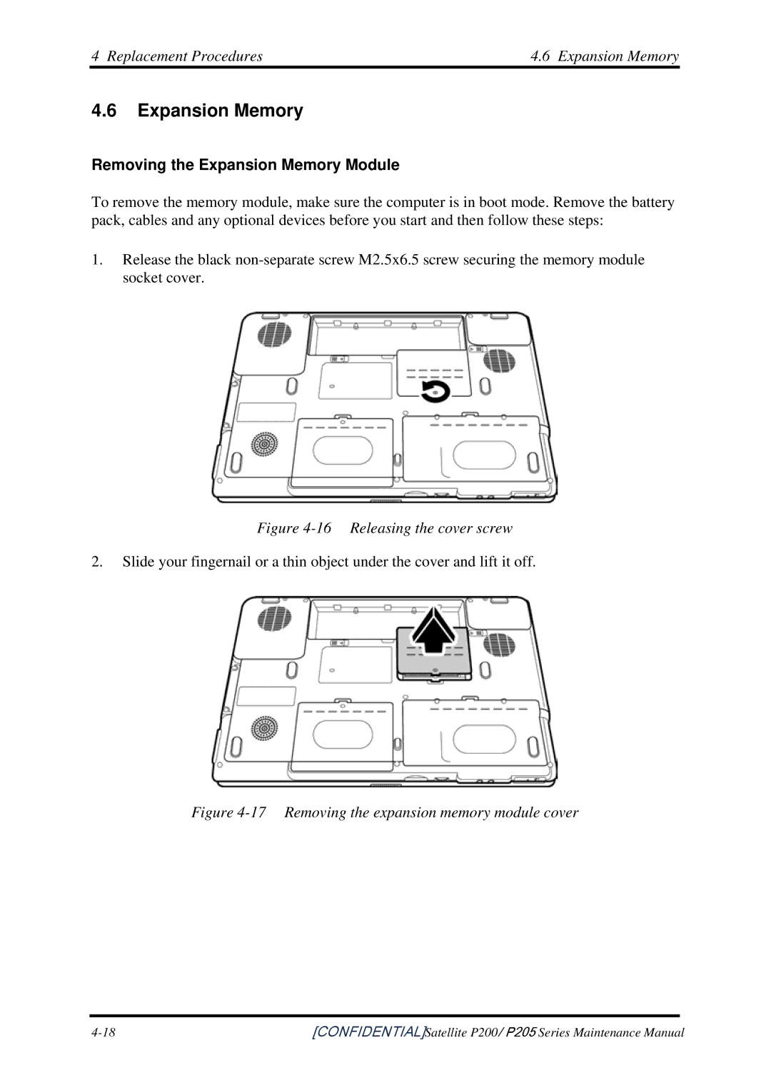 Toshiba P205 manual Replacement Procedures Expansion Memory, Removing the Expansion Memory Module 