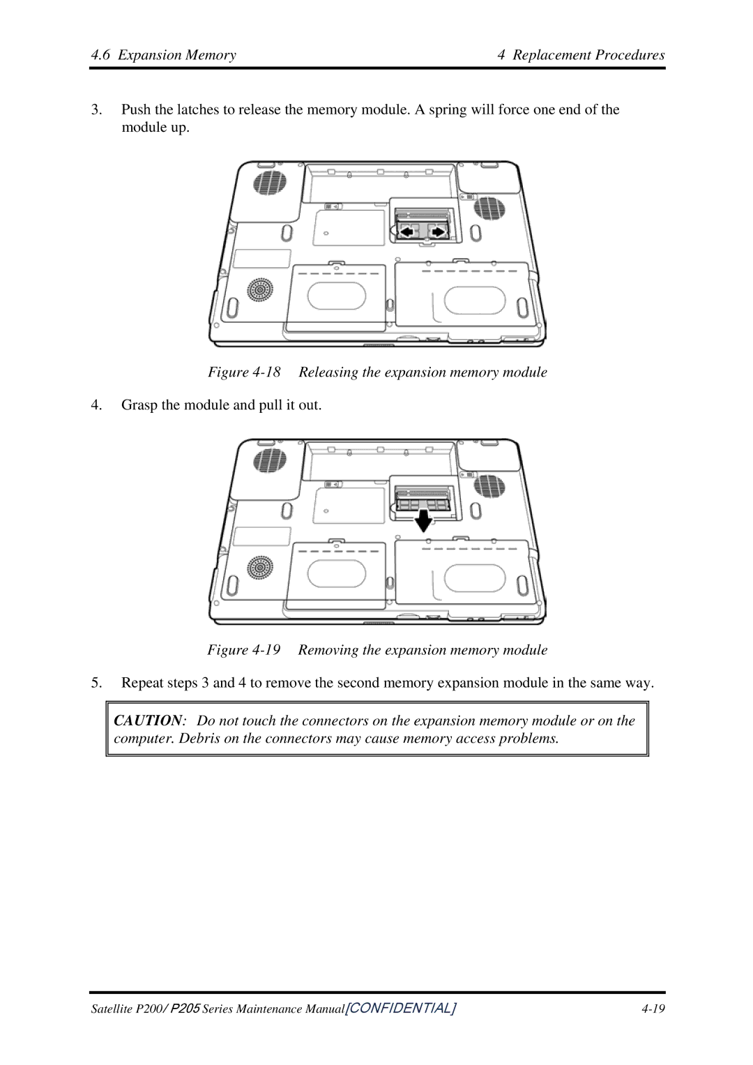 Toshiba P205 manual Expansion Memory Replacement Procedures, Releasing the expansion memory module 