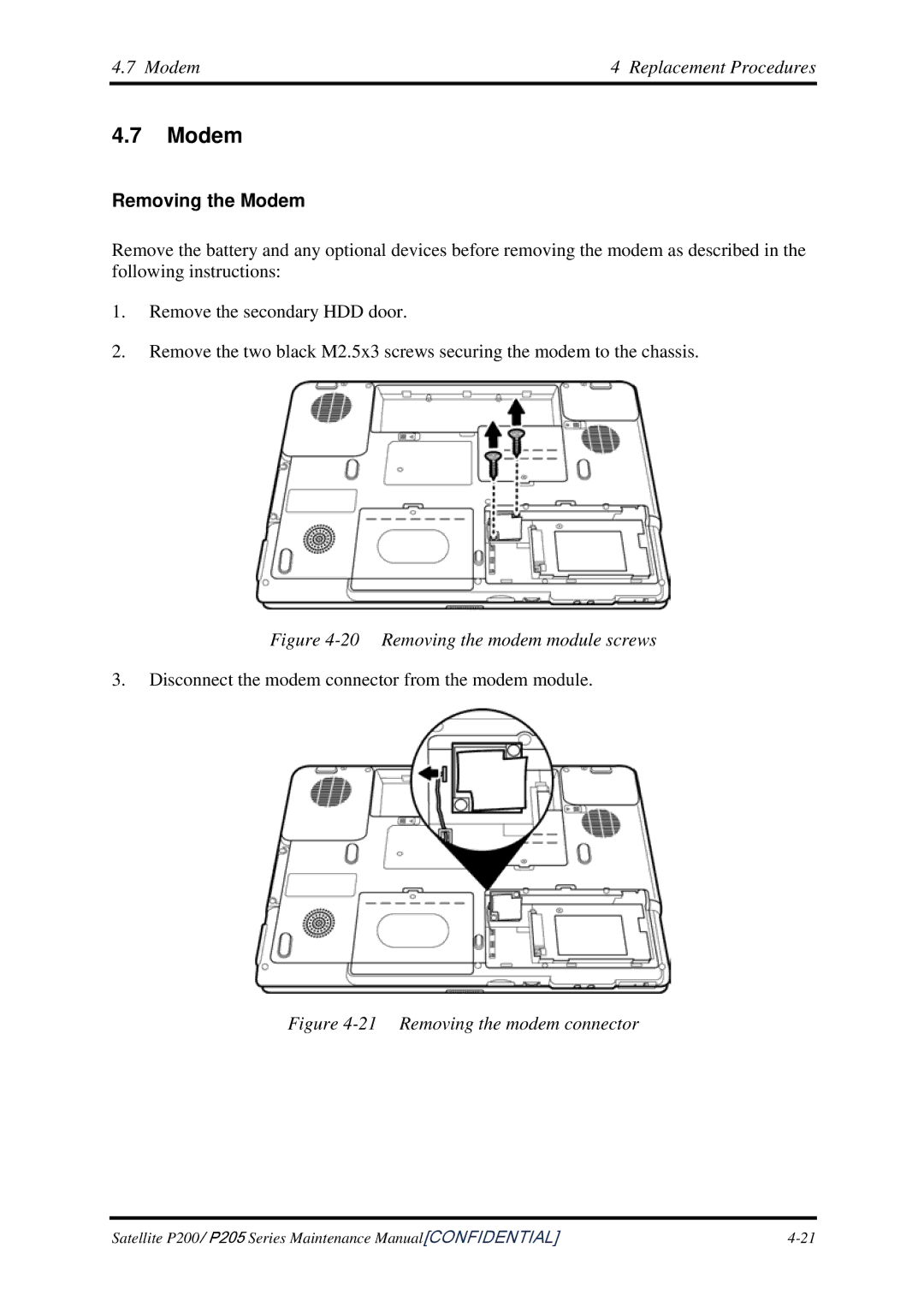 Toshiba P205 manual Modem Replacement Procedures, Removing the Modem 