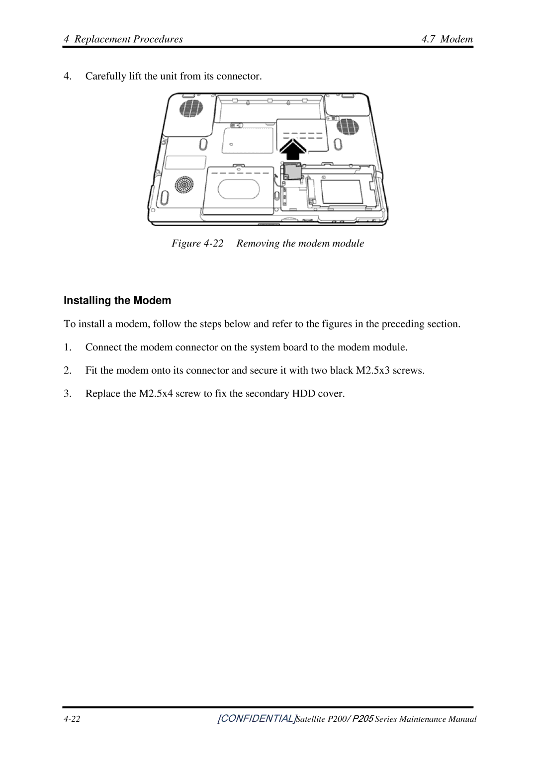 Toshiba P205 manual Replacement Procedures Modem, Installing the Modem 