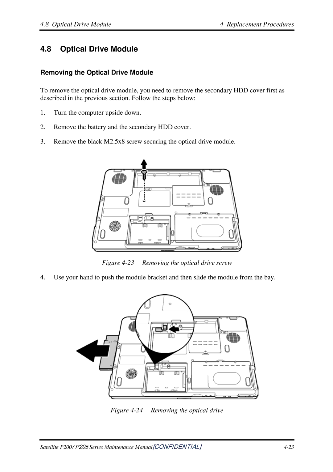 Toshiba P205 manual Optical Drive Module Replacement Procedures, Removing the Optical Drive Module 