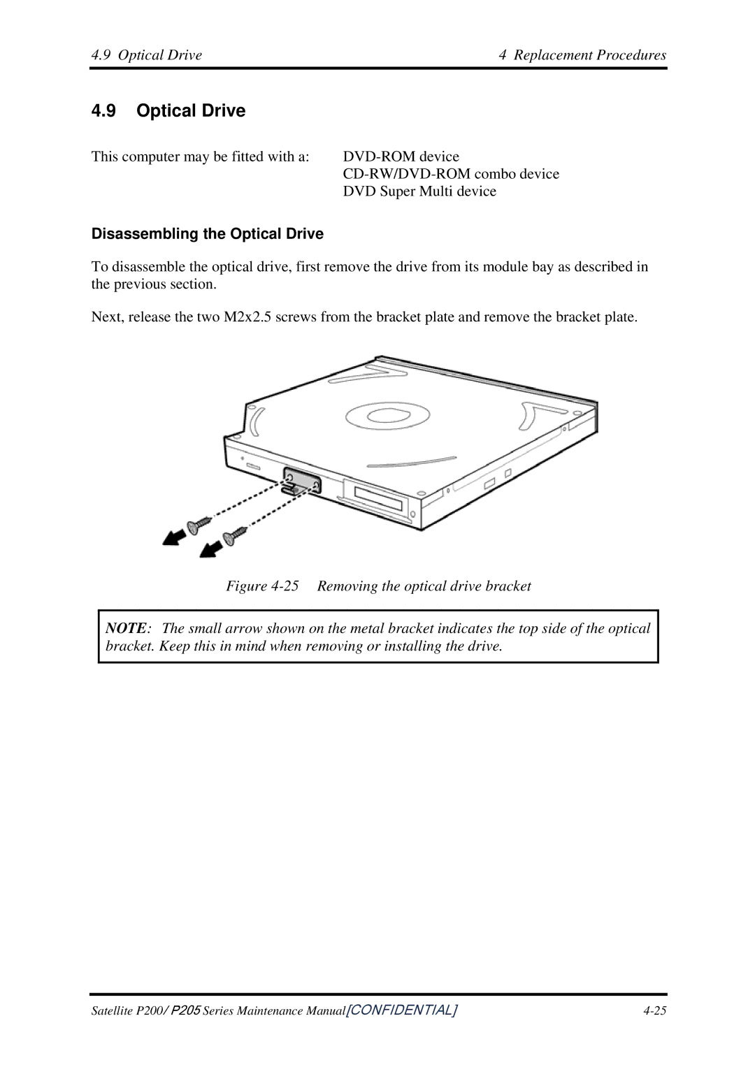 Toshiba P205 manual Optical Drive Replacement Procedures, Disassembling the Optical Drive 