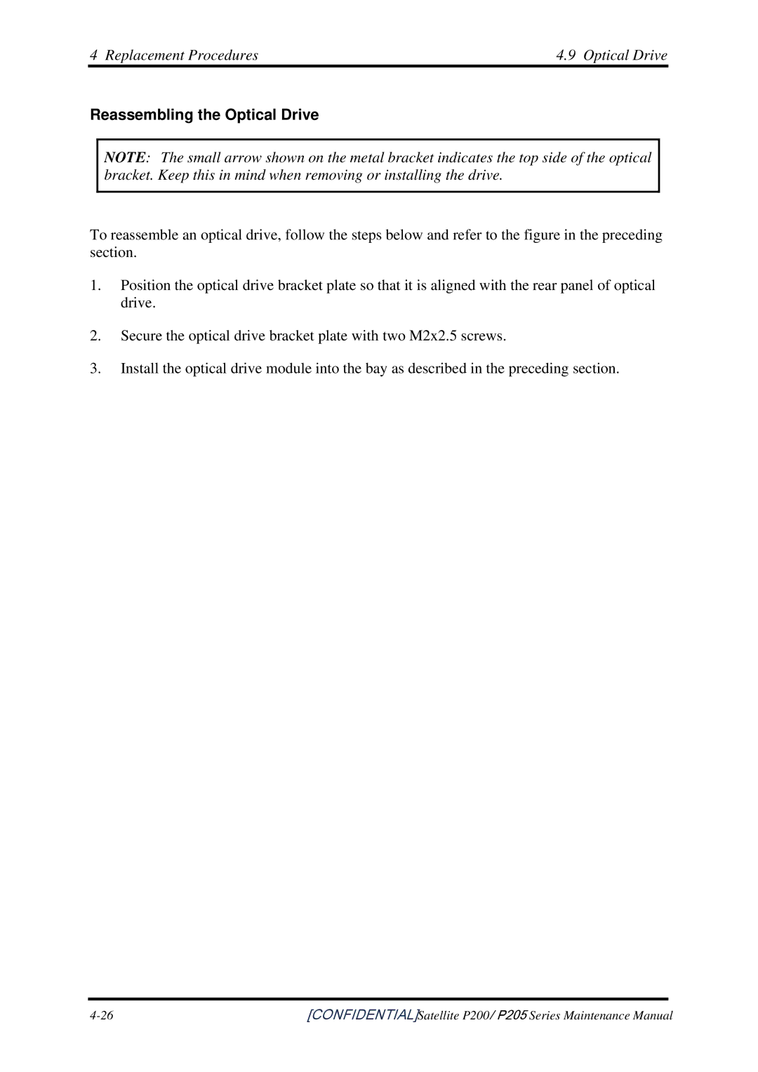 Toshiba P205 manual Replacement Procedures Optical Drive, Reassembling the Optical Drive 