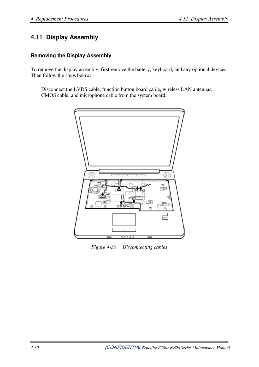 Toshiba P205 manual Replacement Procedures Display Assembly, Removing the Display Assembly 