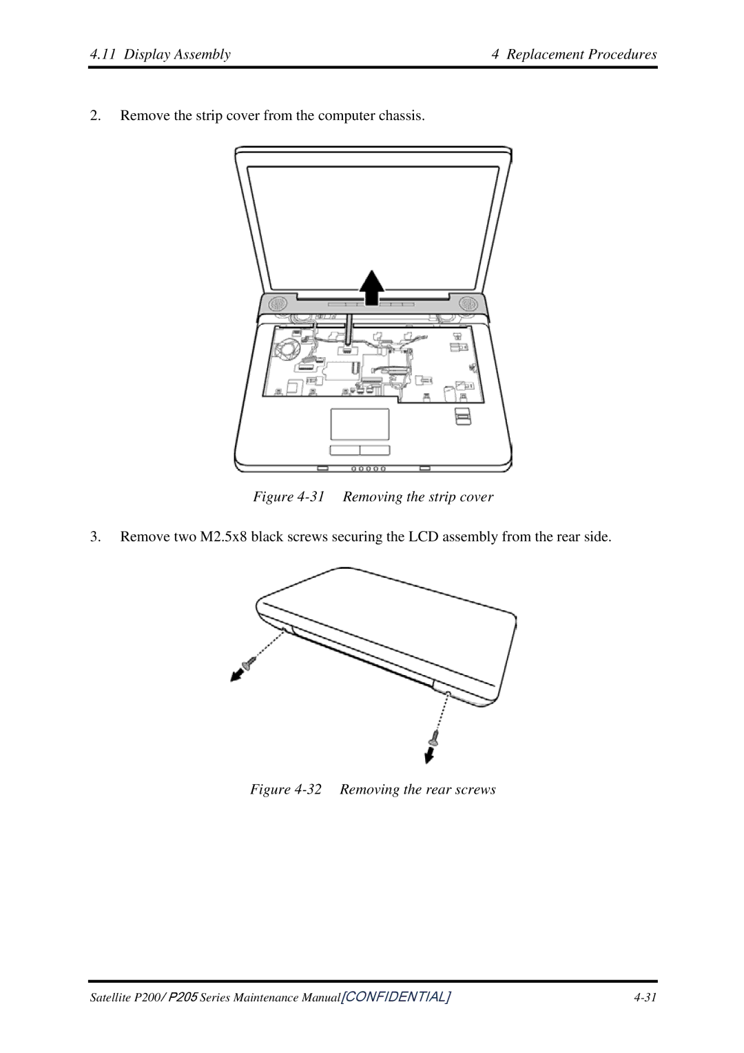 Toshiba P205 manual Display Assembly Replacement Procedures, Removing the strip cover 