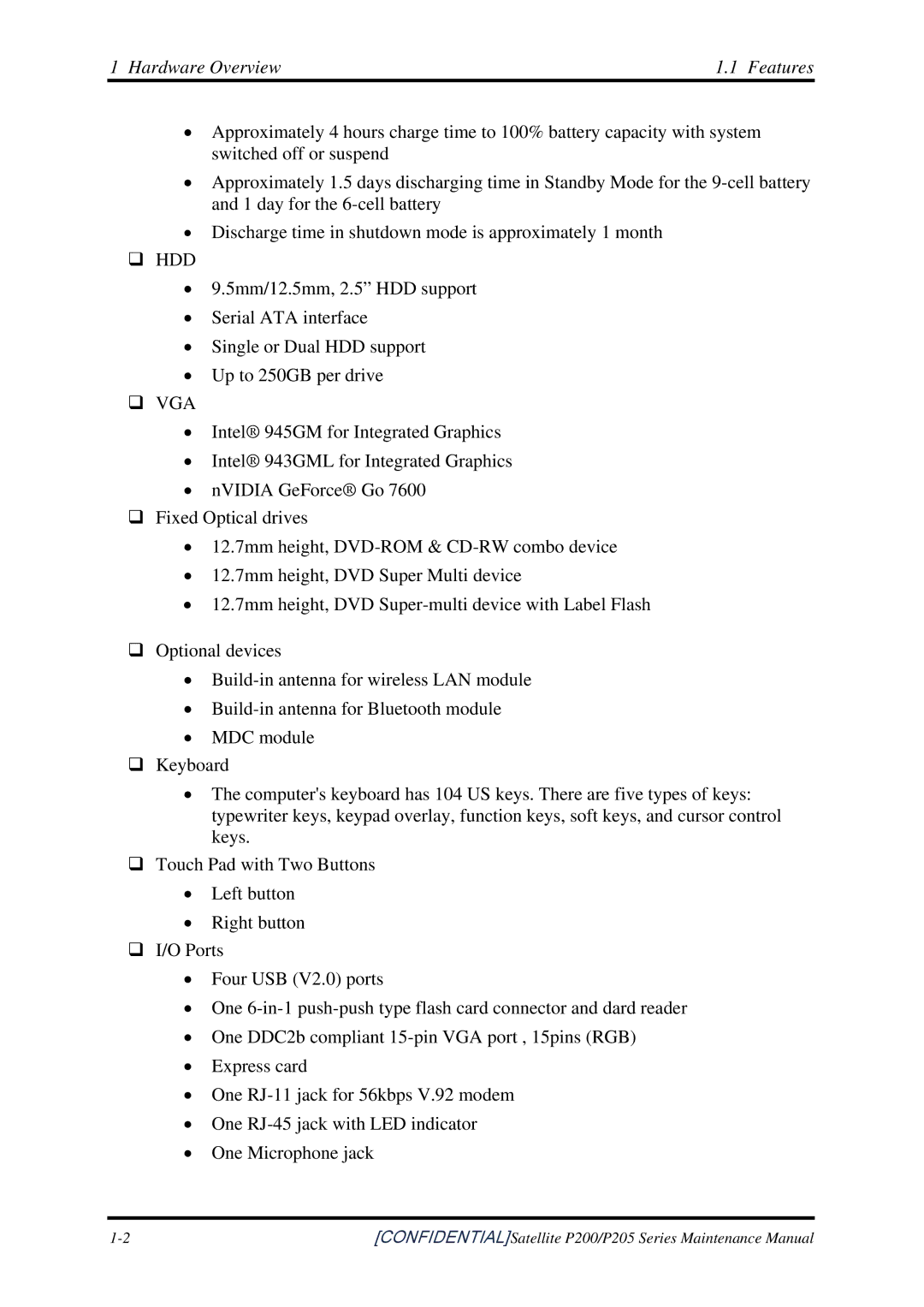 Toshiba P205 manual Hardware Overview Features, ‰ Hdd 