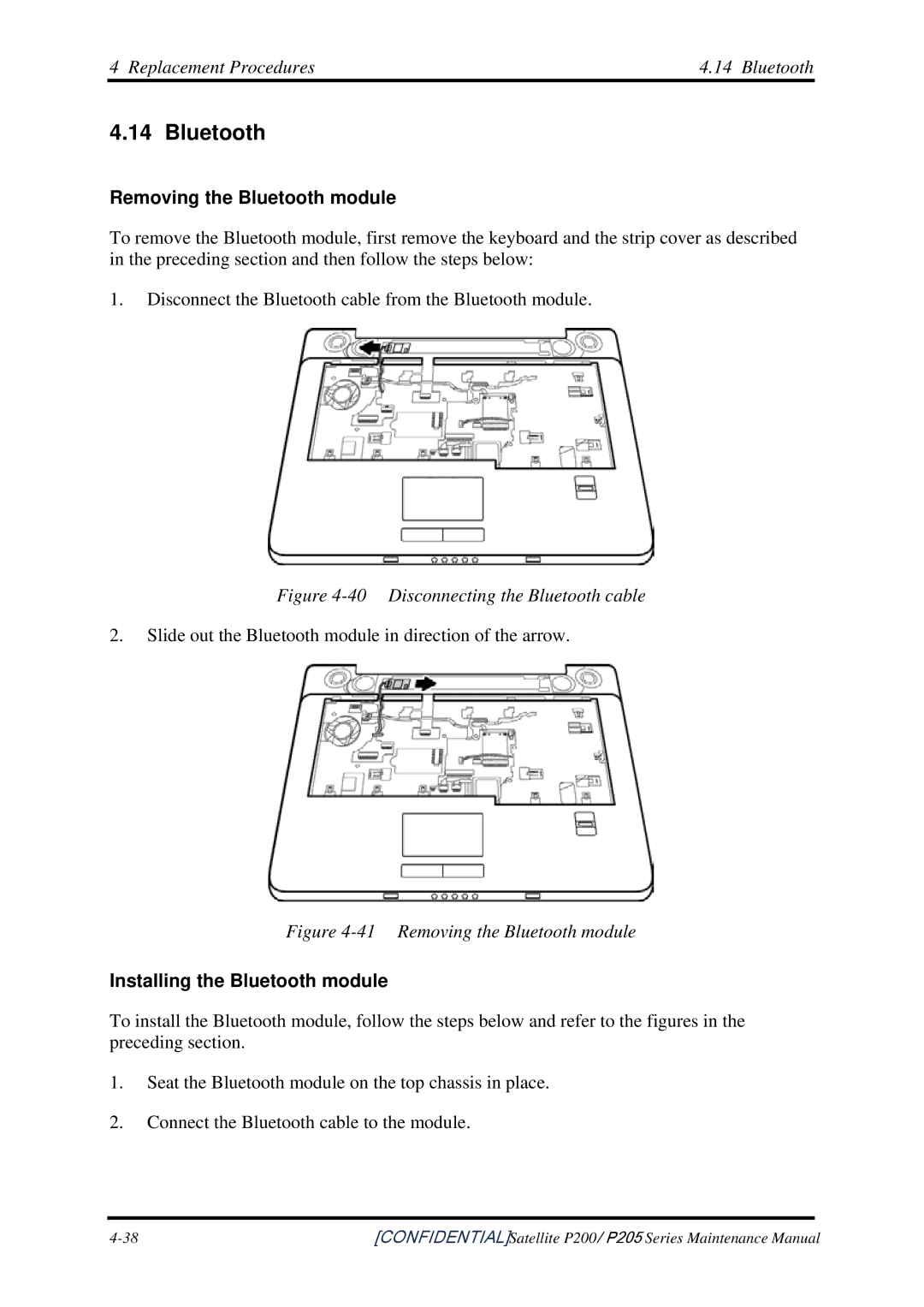 Toshiba P205 manual Replacement Procedures Bluetooth, Removing the Bluetooth module, Installing the Bluetooth module 