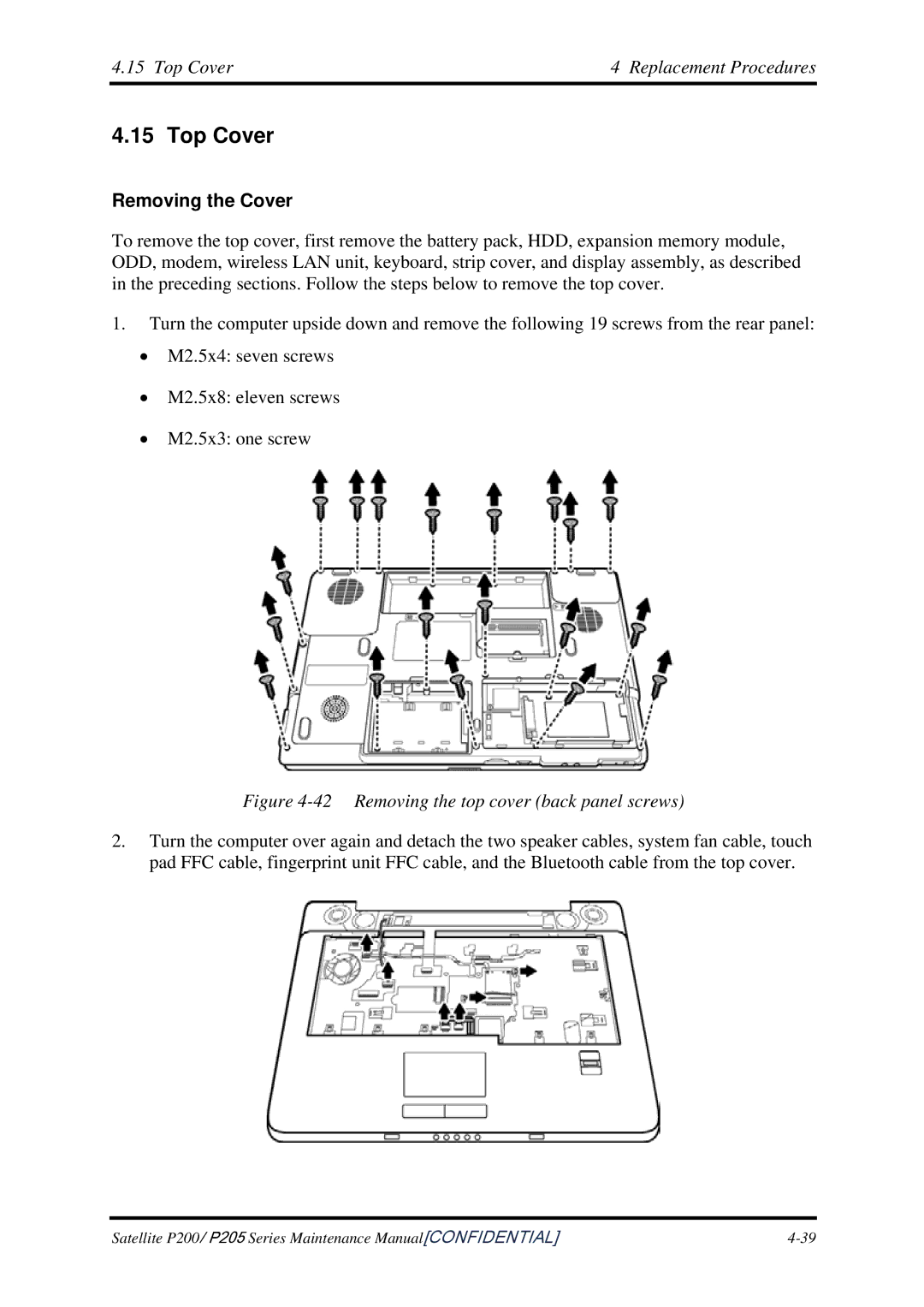 Toshiba P205 manual Top Cover Replacement Procedures, Removing the Cover 