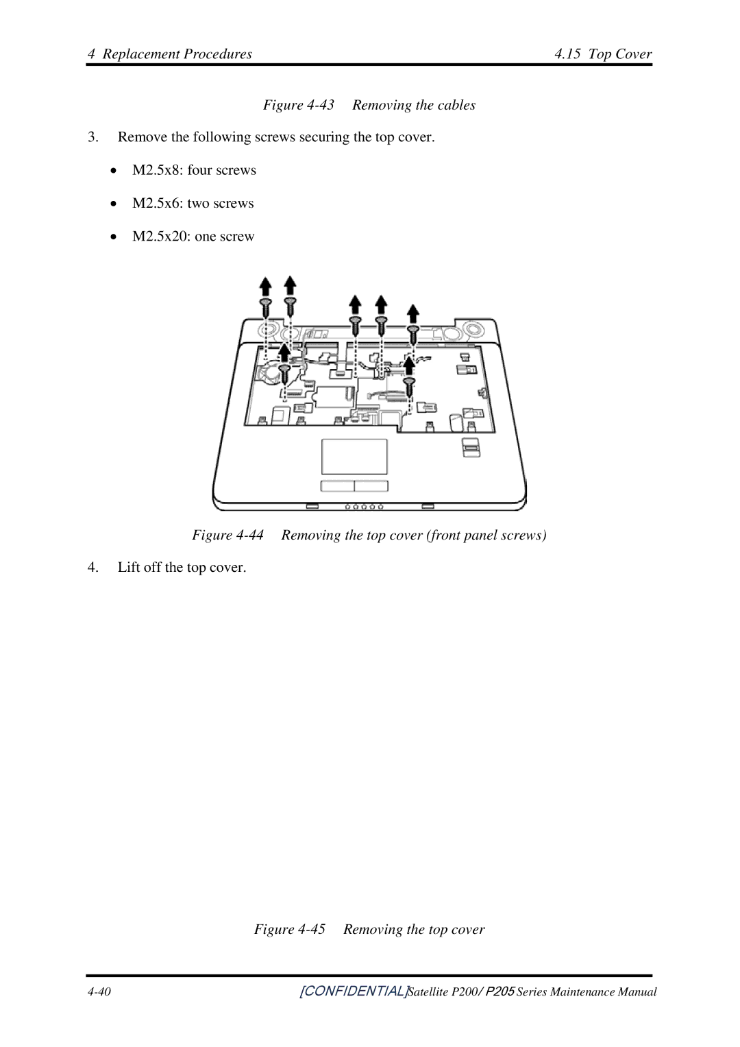 Toshiba P205 manual Replacement Procedures Top Cover, Removing the cables 