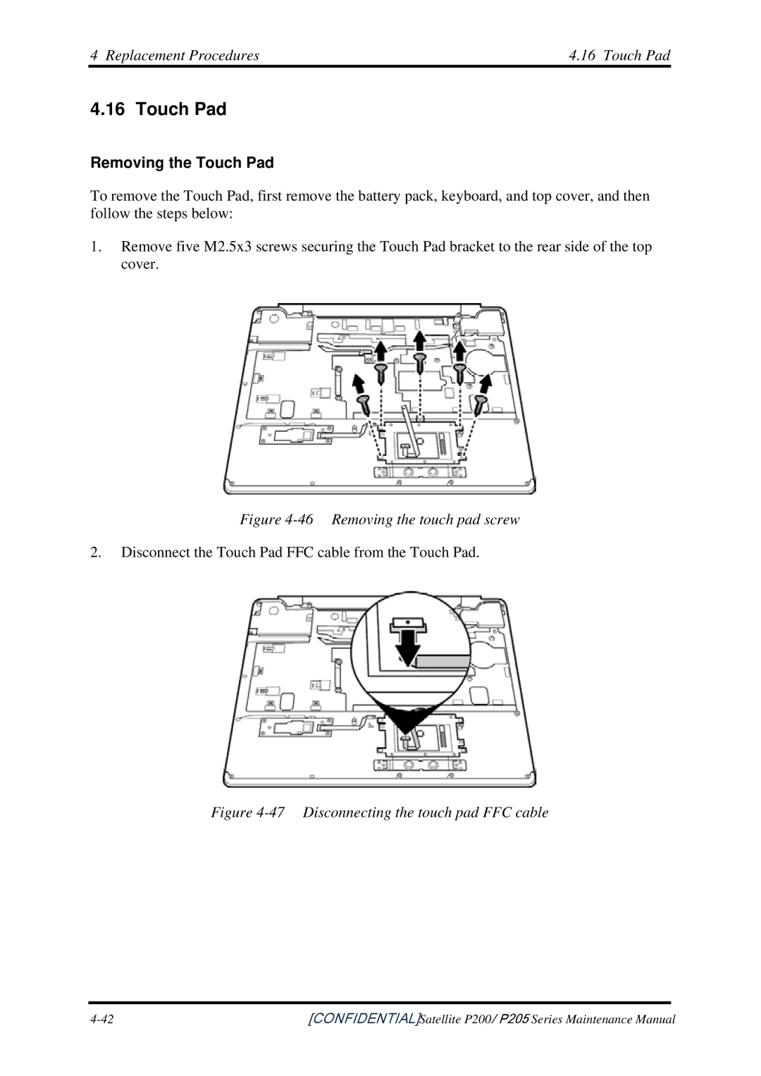 Toshiba P205 manual Replacement Procedures Touch Pad, Removing the Touch Pad 