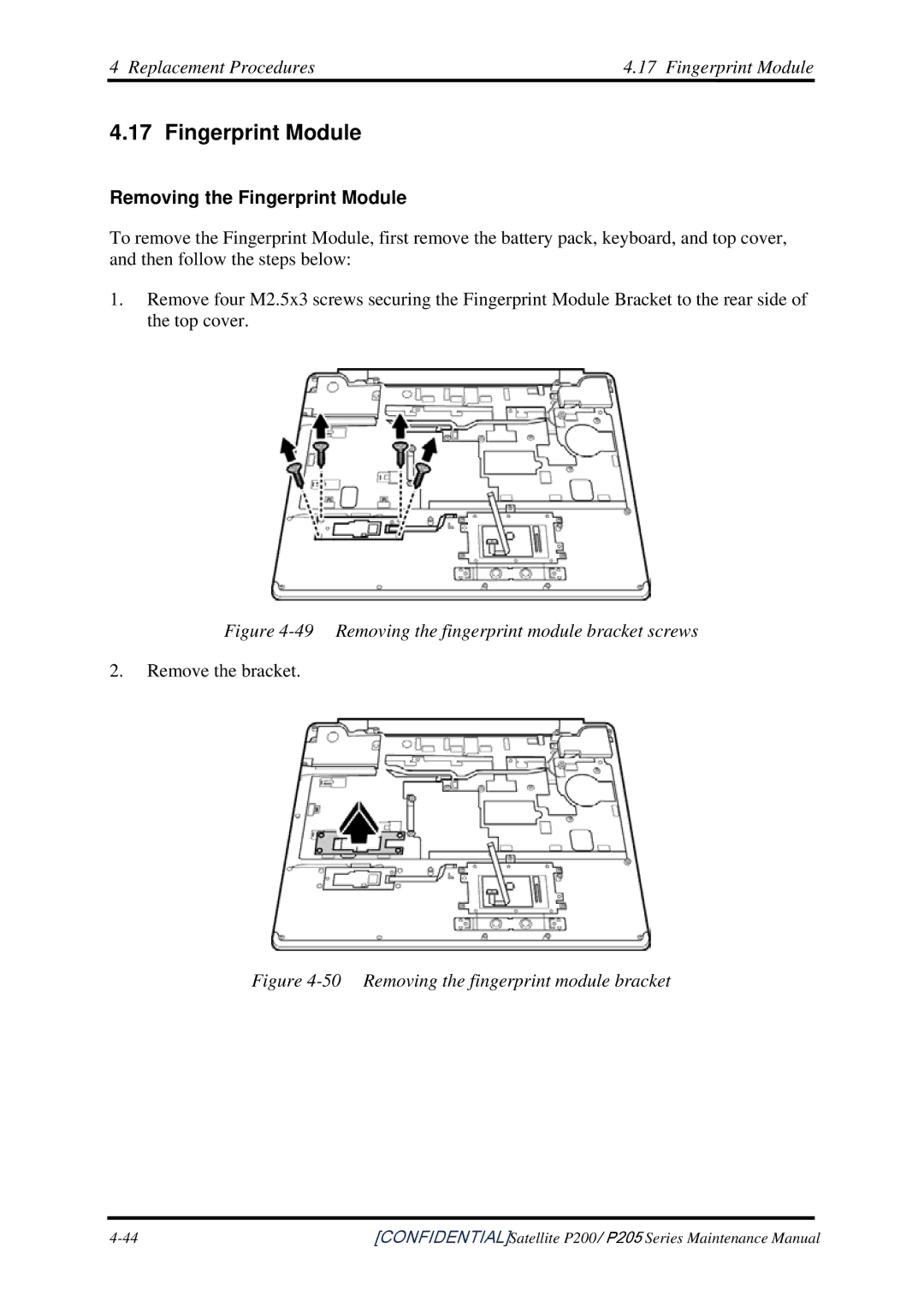 Toshiba P205 manual Replacement Procedures Fingerprint Module, Removing the Fingerprint Module 