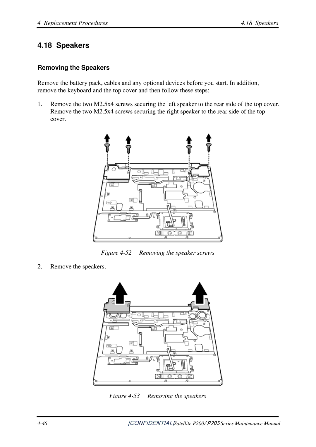 Toshiba P205 manual Replacement Procedures Speakers, Removing the Speakers 