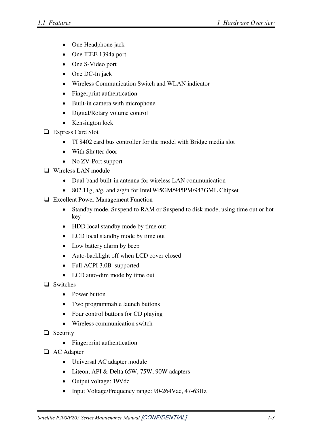 Toshiba P205 manual Features Hardware Overview 