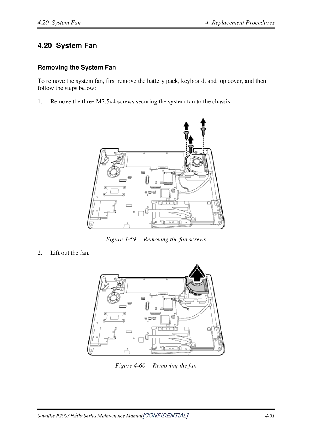 Toshiba P205 manual System Fan Replacement Procedures, Removing the System Fan 