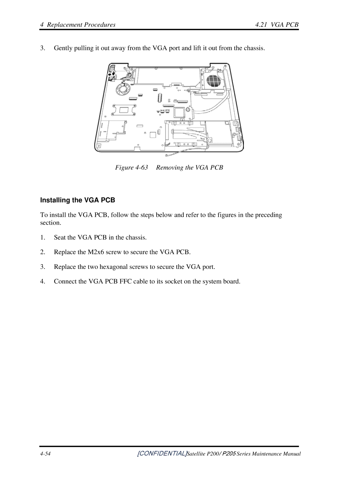Toshiba P205 manual Replacement Procedures VGA PCB, Installing the VGA PCB 