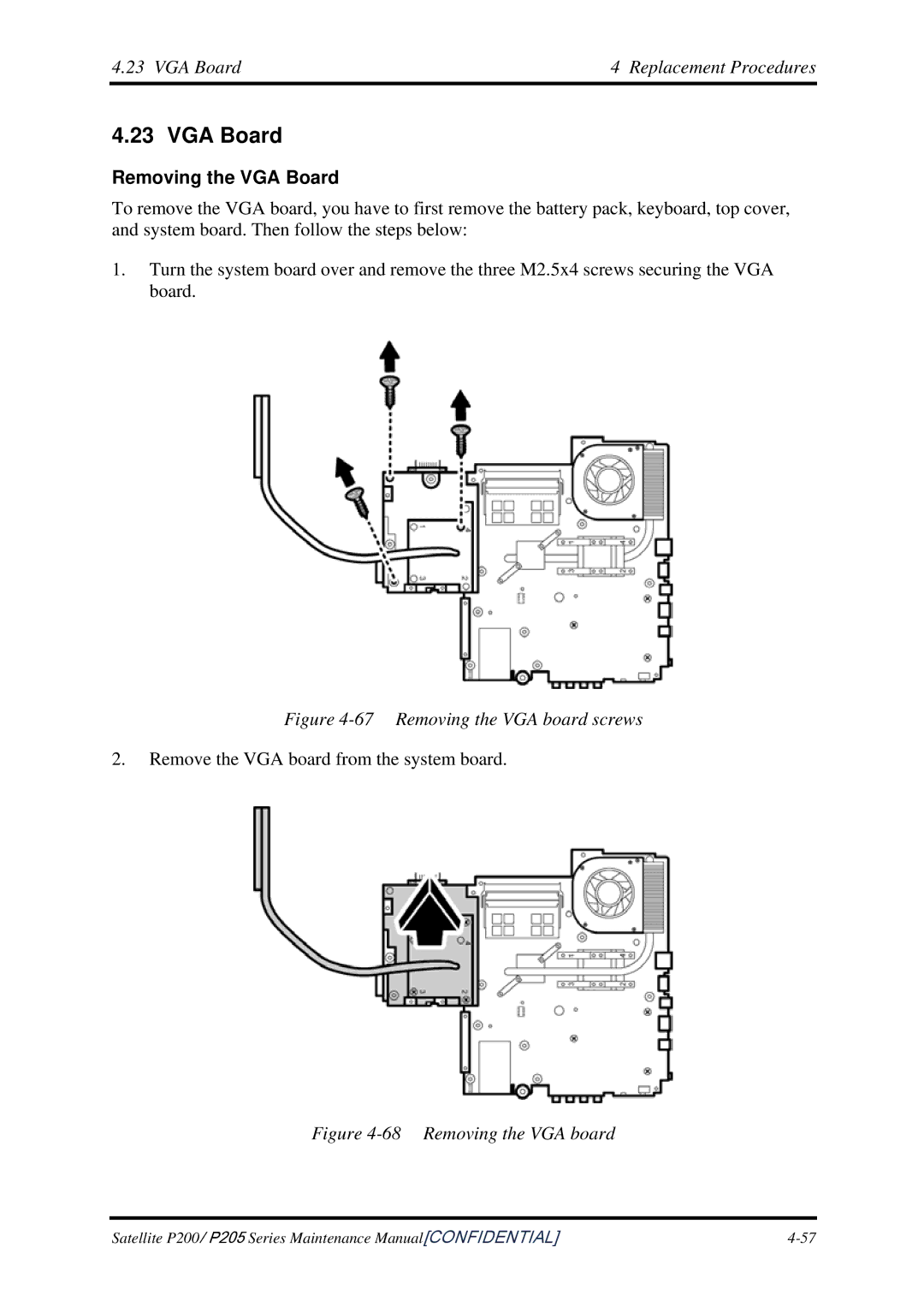 Toshiba P205 manual VGA Board Replacement Procedures, Removing the VGA Board 