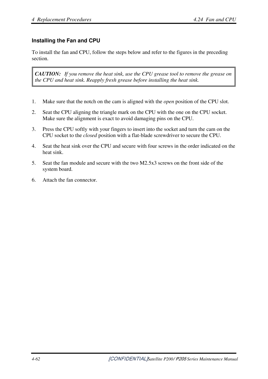 Toshiba P205 manual Installing the Fan and CPU 