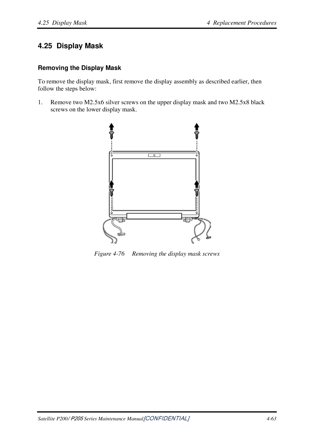 Toshiba P205 manual Display Mask Replacement Procedures, Removing the Display Mask 