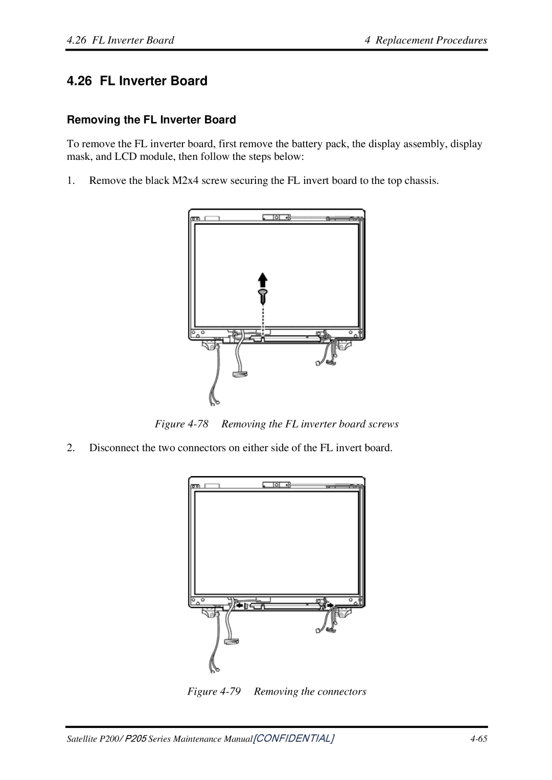 Toshiba P205 manual FL Inverter Board Replacement Procedures, Removing the FL Inverter Board 