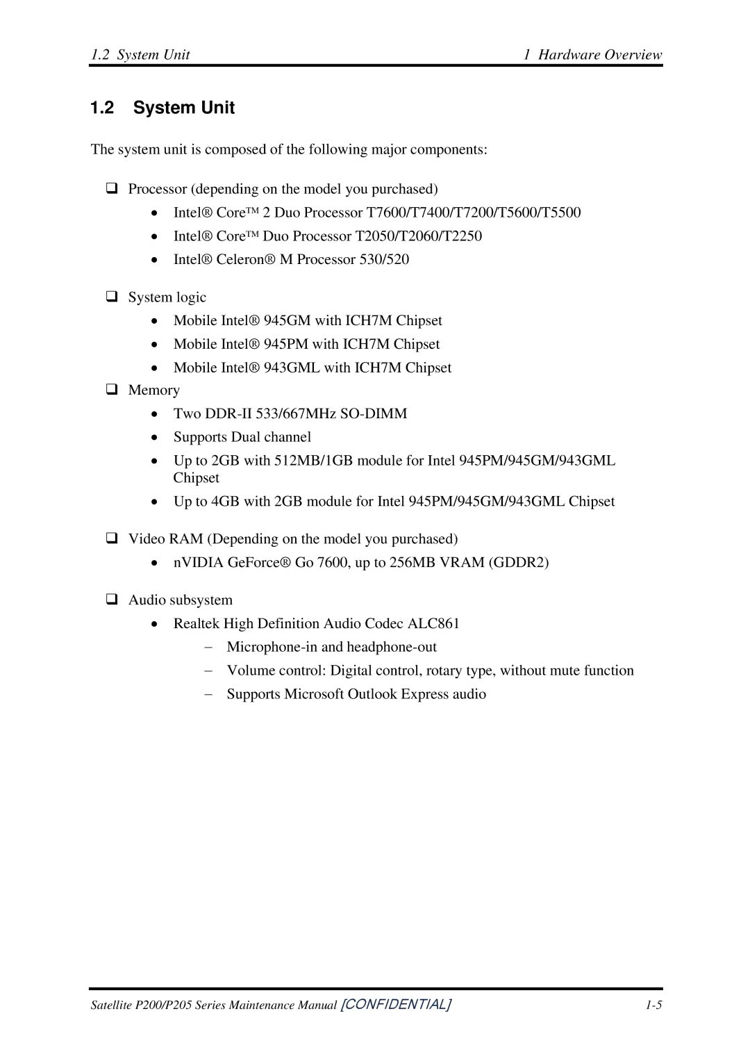 Toshiba P205 manual System Unit Hardware Overview 