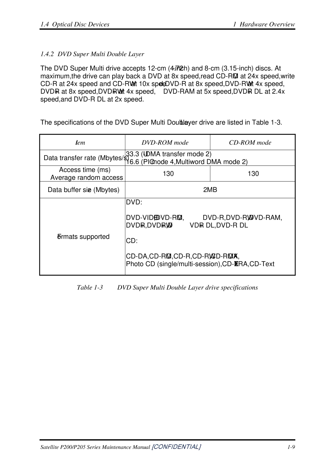 Toshiba P205 manual Optical Disc Devices Hardware Overview, DVD Super Multi Double Layer 