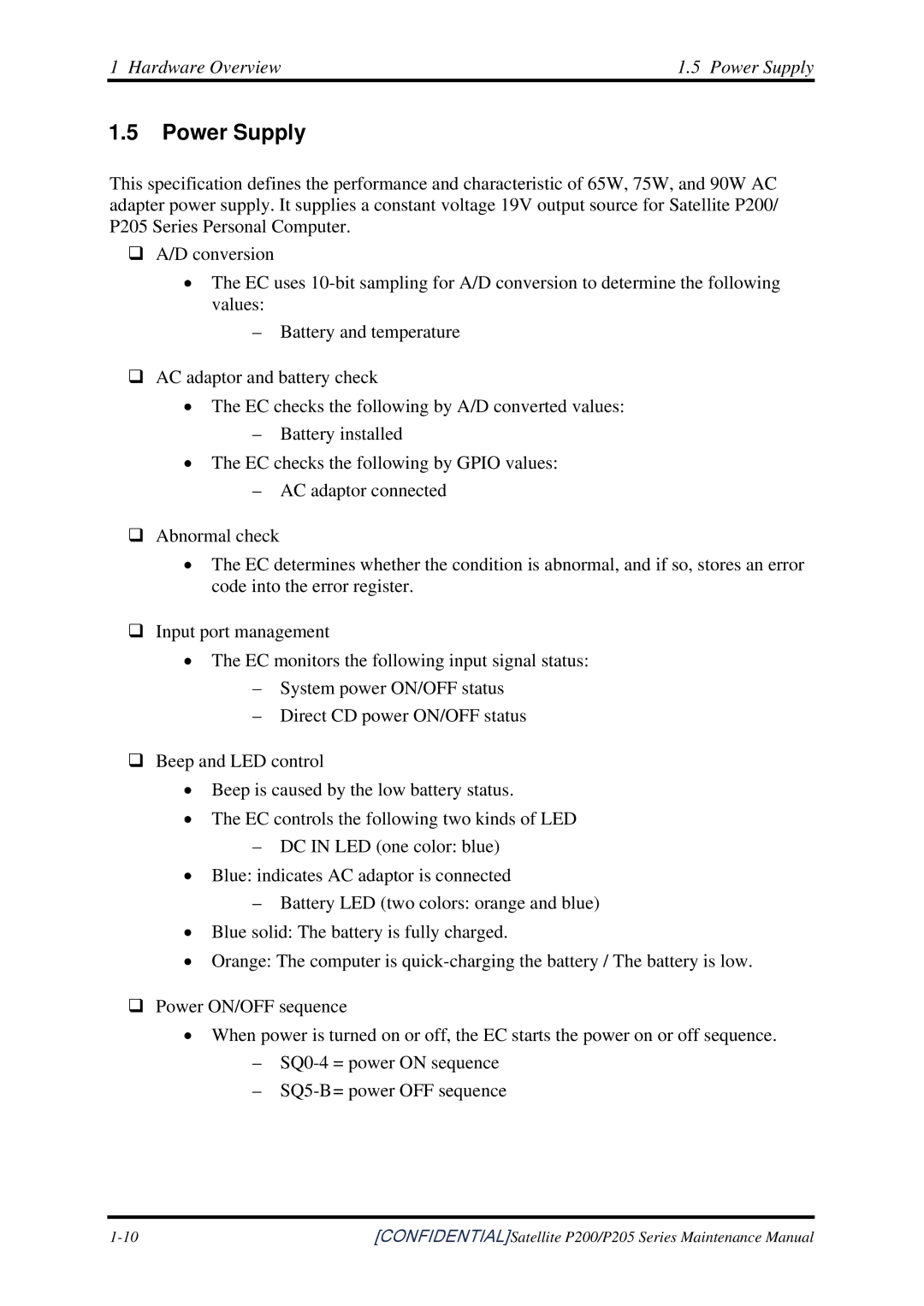 Toshiba P205 manual Hardware Overview Power Supply 