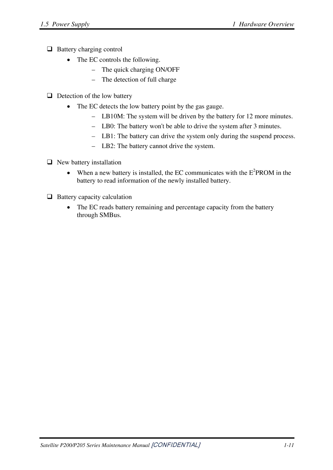 Toshiba P205 manual Power Supply Hardware Overview 