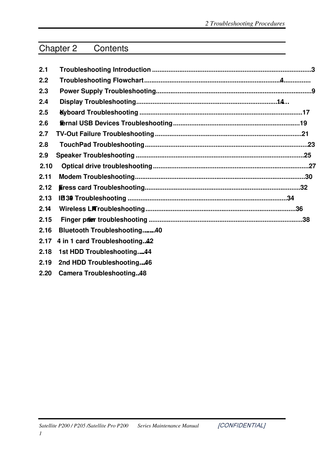 Toshiba P205 manual Troubleshooting Procedures 