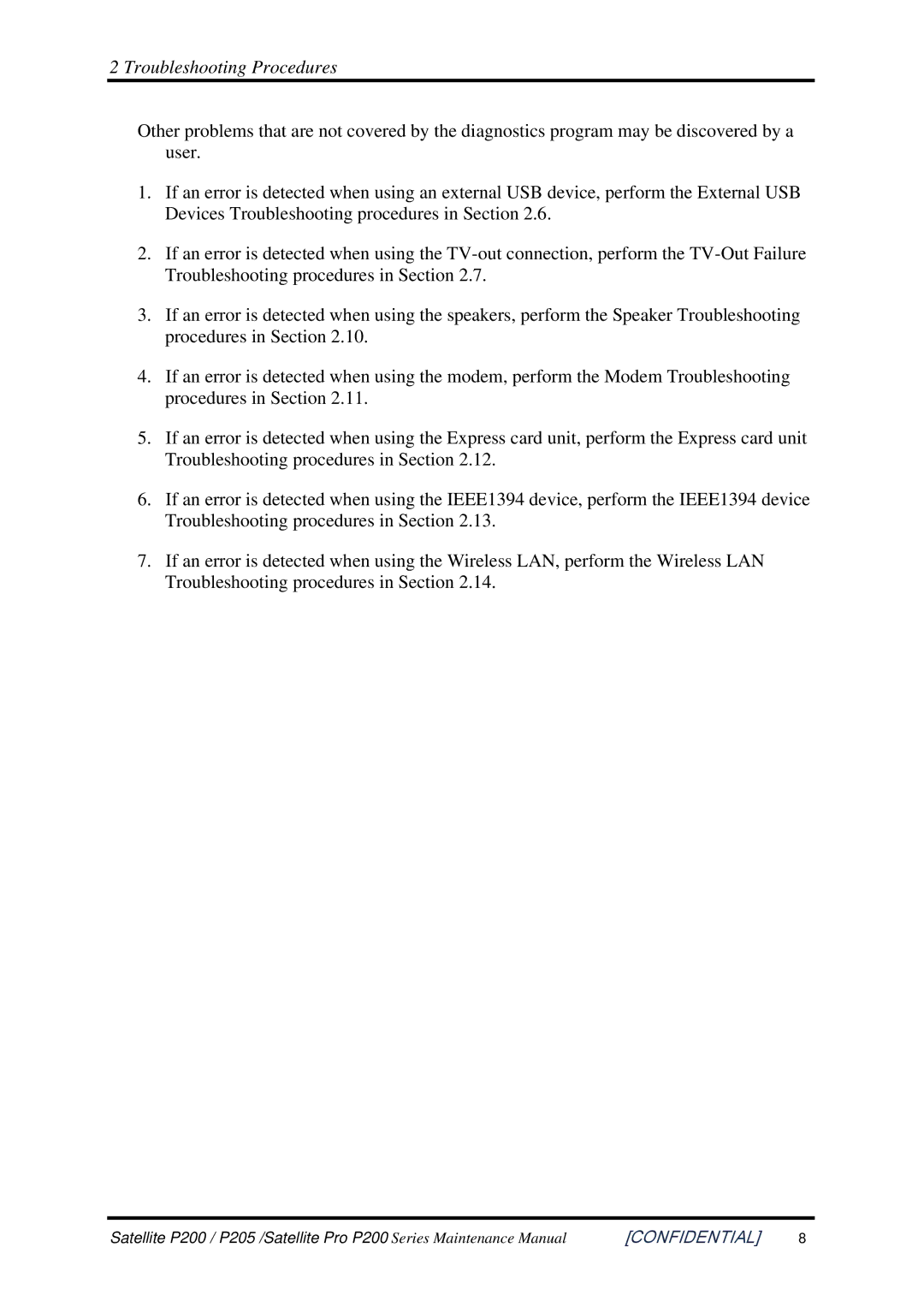 Toshiba P205 manual Troubleshooting Procedures 